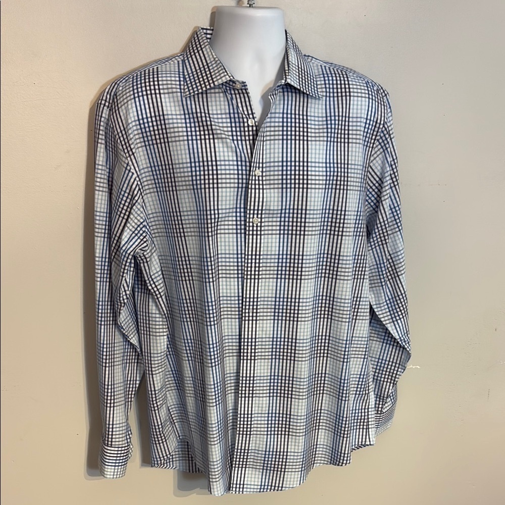 Thomas Pink Blue Checked Button Down Shirt size 17.5 Like New